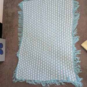 Blue and White Knitted Throw Blanket
